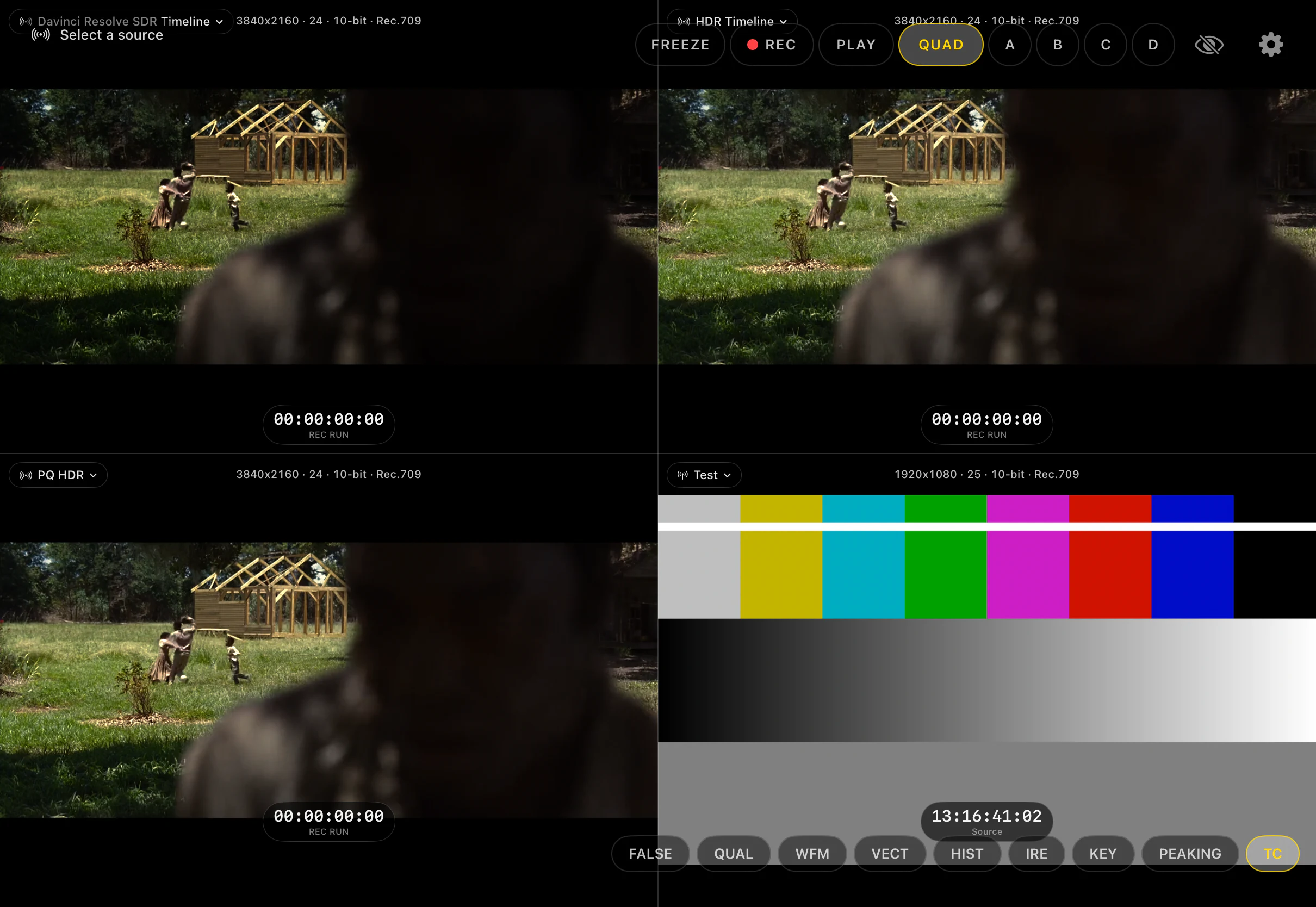 Parade Video on iPad showing four assigned sources in a quad monitor with Freeze, Record, Play, Quad, A, B, C, and D controls